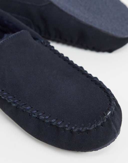 Totes navy suede moccasin slippers hot sale