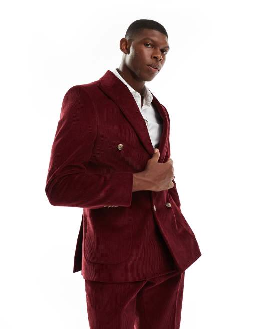 Shelby and Sons - Mørkerød og dobbeltradet Slim Fit-blazer i fløjl - Del af sæt