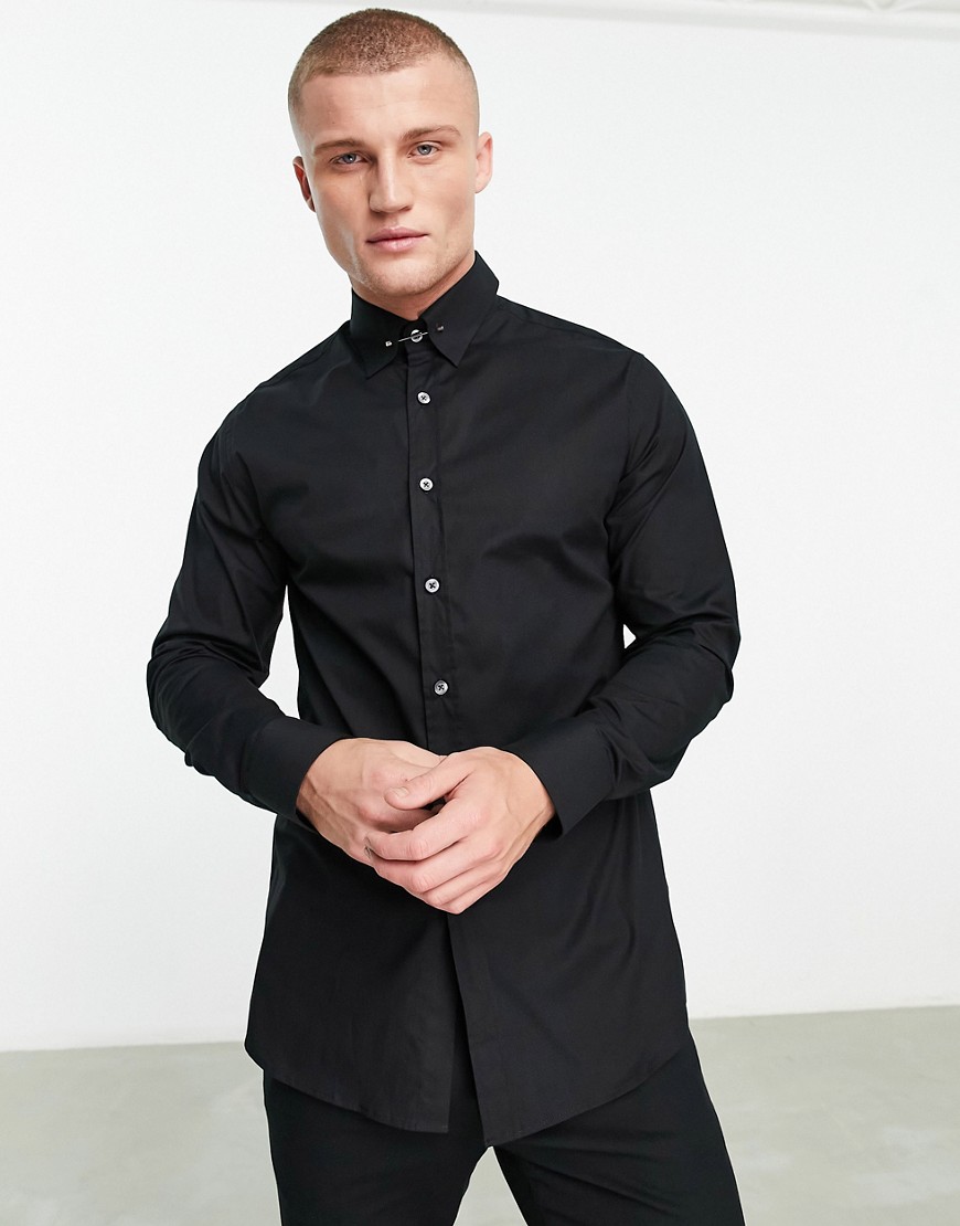 Shelby and Sons roslin smart shirt in black with collar bar detail
