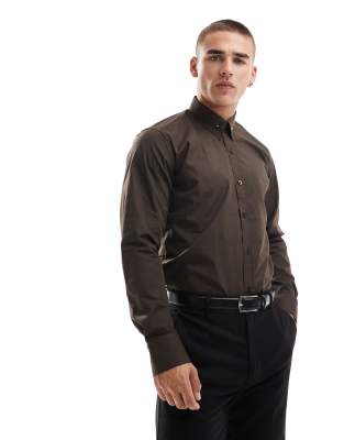 Shelby & Sons Shelby and Sons roslin smart shirt in chocolate with collar bar detail-Brown