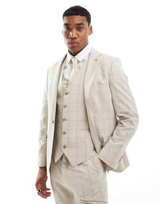 Shelby and Sons wainwright slim suit jacket in stone with windowpane check-Neutral