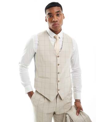 Shelby and Sons wainwright slim suit vest in stone with windowpane check-Neutral