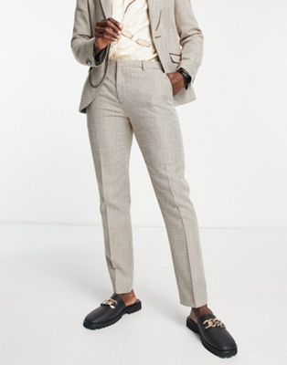 Shelby & Sons bradbury slim fit mini houndstooth linen trousers in brown