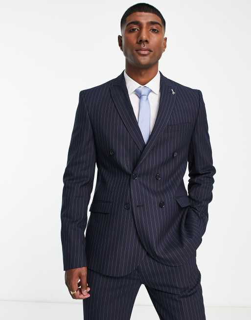 Shelby & Sons - Clarkson - Blazer ajusté à fines rayures et double boutonnage - Bleu marine
