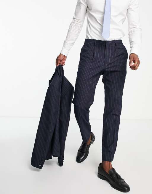Shelby & Sons - Clarkson - Pantalon ajusté à fines rayures et double boutonnage - Bleu marine