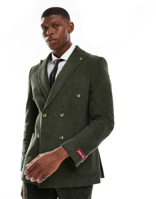Shelby & Sons cord double breasted slim blazer in khaki (part of a set)
