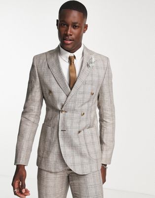 Shelby & Sons downs check double breast linen blazer in brown