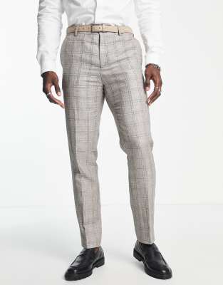 Shelby & Sons downs slim fit check linen trousers in brown - ASOS Price Checker