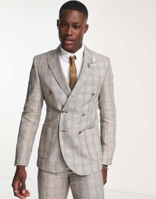 Shelby & Sons downs slim fit check double breast linen blazer in brown - ASOS Price Checker
