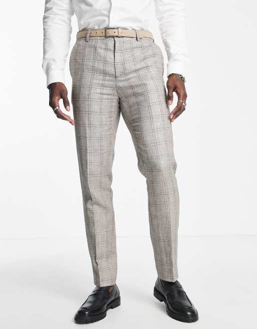 Shelby Sons downs slim fit check linen pants in brown