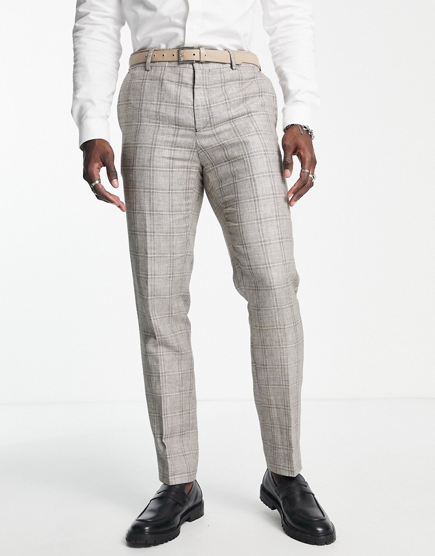 Shelby & Sons downs slim fit check linen trousers in brown