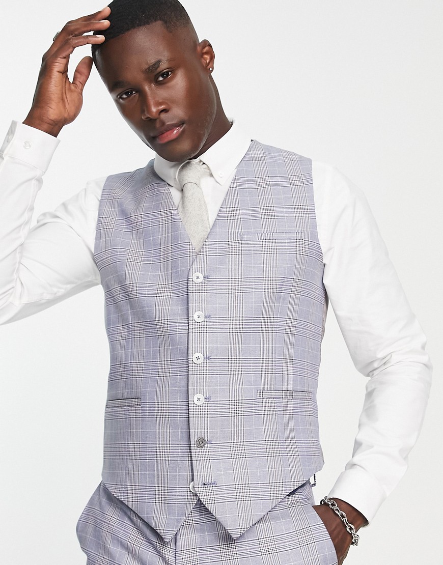 earlswood slim fit single breast check vest in blue