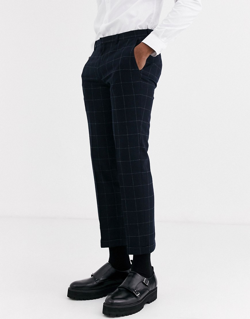 Shelby & Sons - Geruite smalle pantalon met omgeslagen pijpen in zwart-Marineblauw