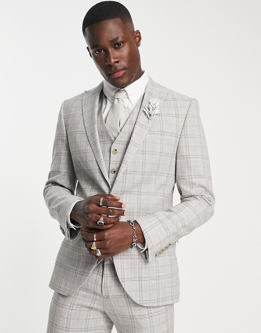 Shelby & Sons jessop plaid linen suit blazer in gray