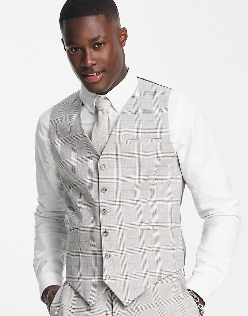Shelby & Sons Jessop Slim Fit Check Linen Vest In Gray