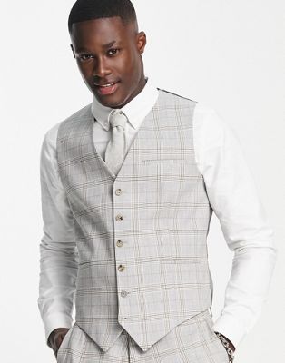 Shelby & Sons jessop slim fit check linen waistcoat in grey