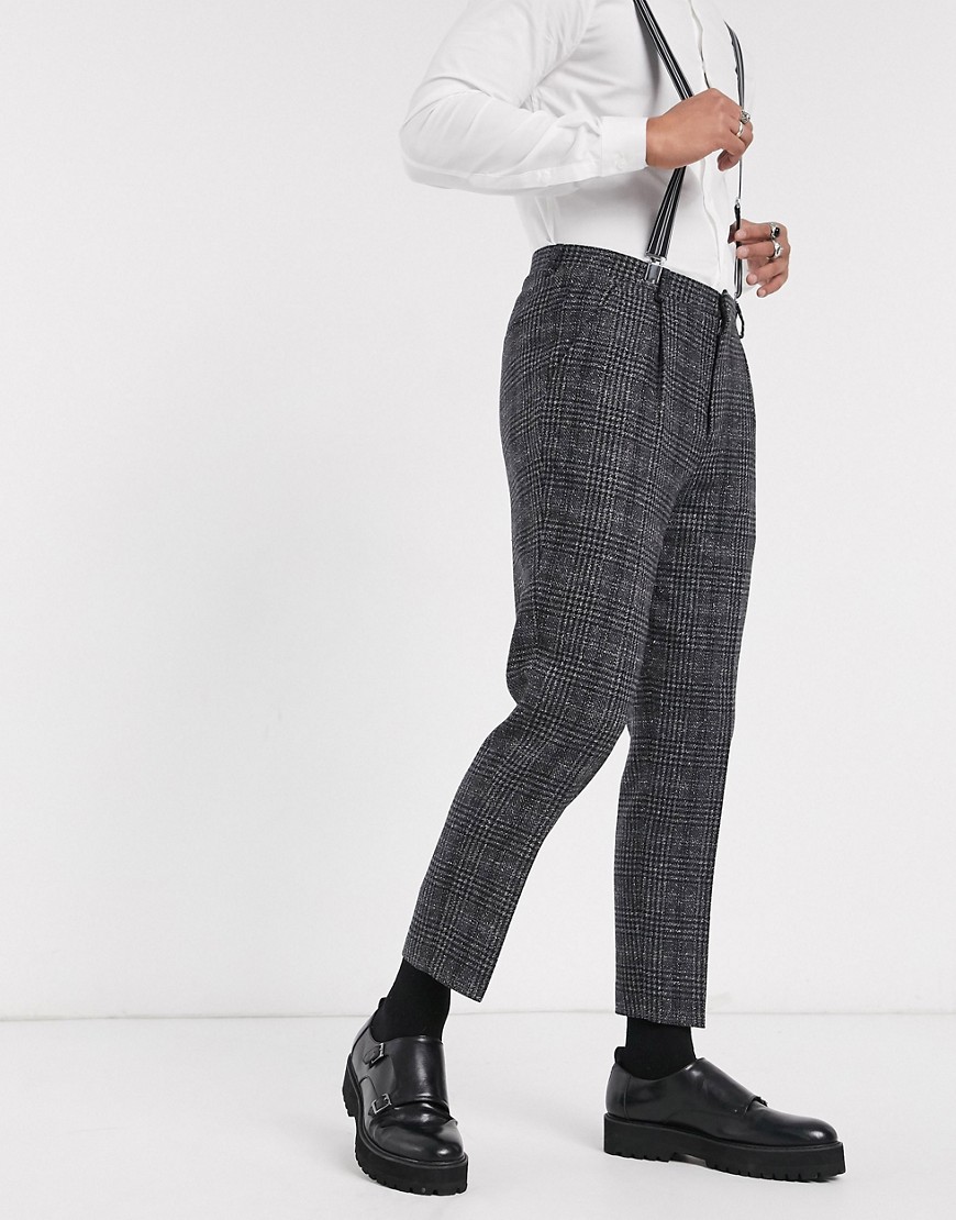 Shelby & Sons - Pantaloni da abito slim con piega antracite a quadri heritage-Nero