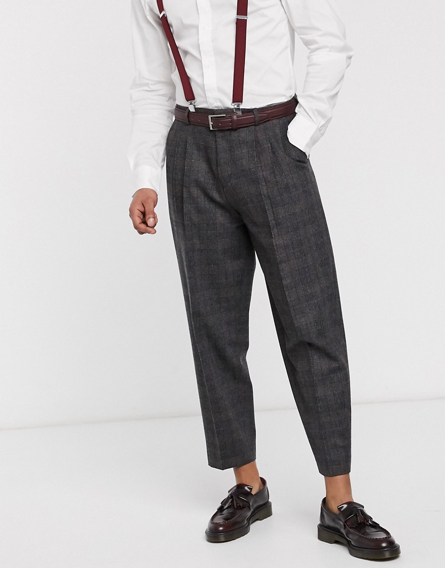 Shelby & Sons - Pantaloni eleganti affusolati larghi con doppia piegha grigio a quadri heritage