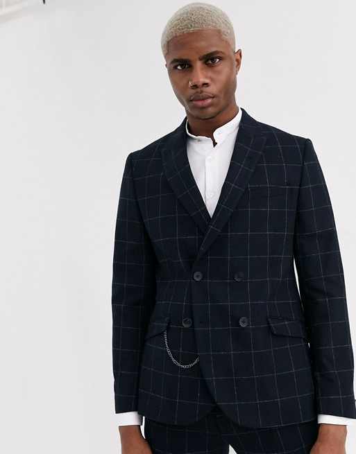 Shelby & Sons slim double breasted suit jacket with chain in black windowpane check