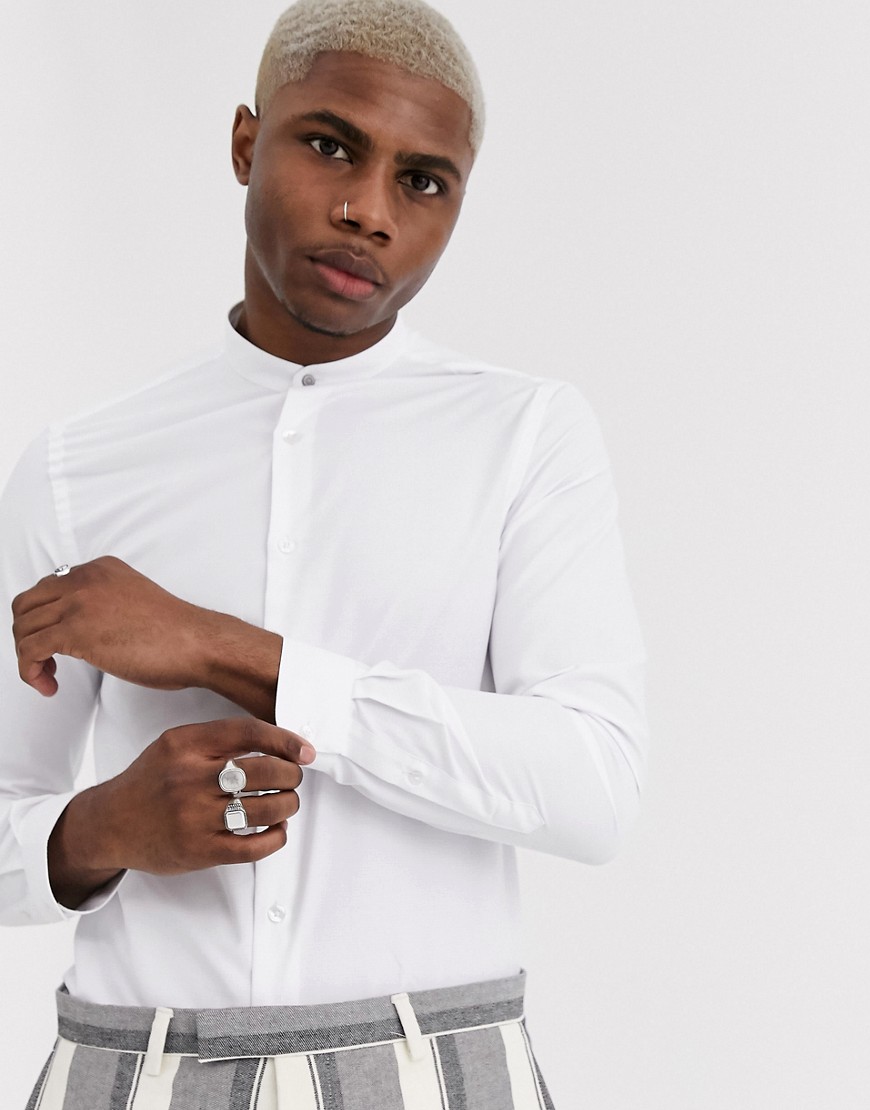 Shelby & Sons - Slim-fit contrasterend overhemd zonder kraag in wit