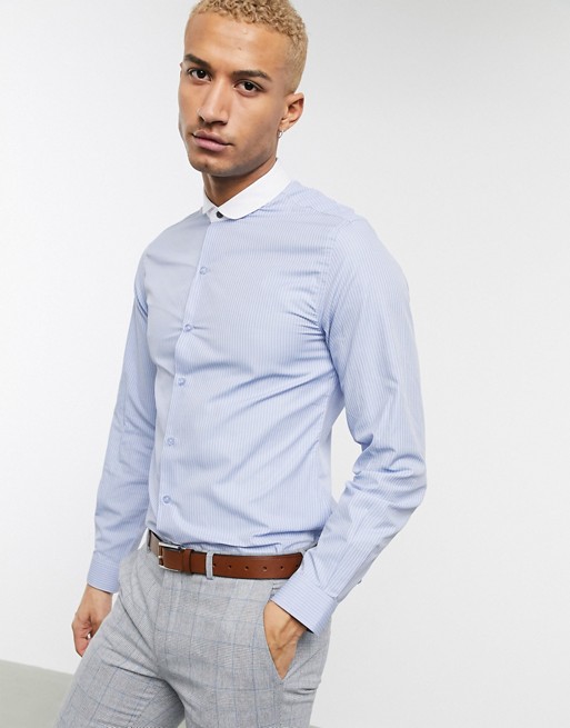 Shelby & Sons slim fit shirt with contrast penny collar in blue stripe