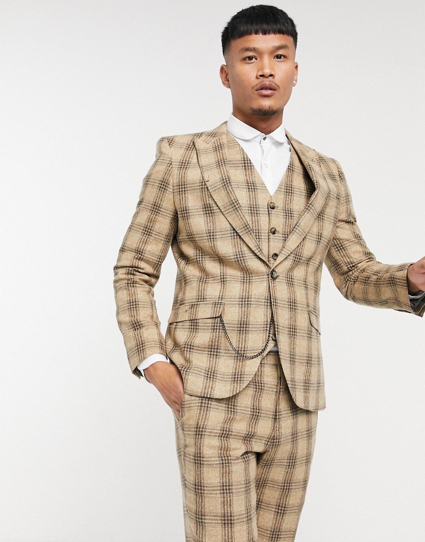 Shelby & Sons slim fit suit jacket in tan plaid-Brown