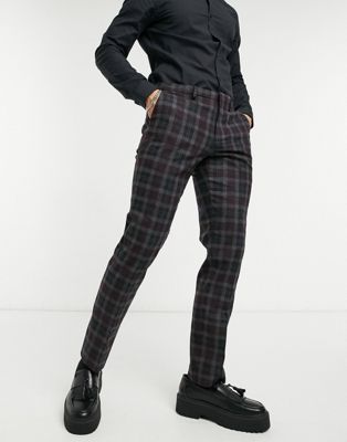 Shelby & Sons slim fit suit trousers in grey and burgundy check (21428203)