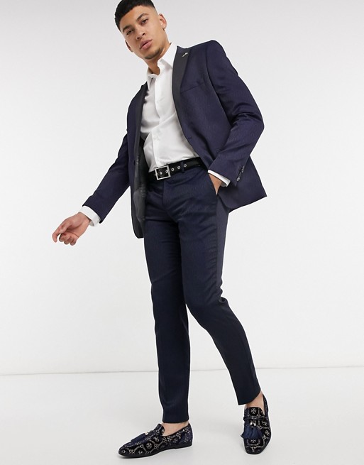 Shelby & Sons slim fit suit trousers in navy deco jacquard