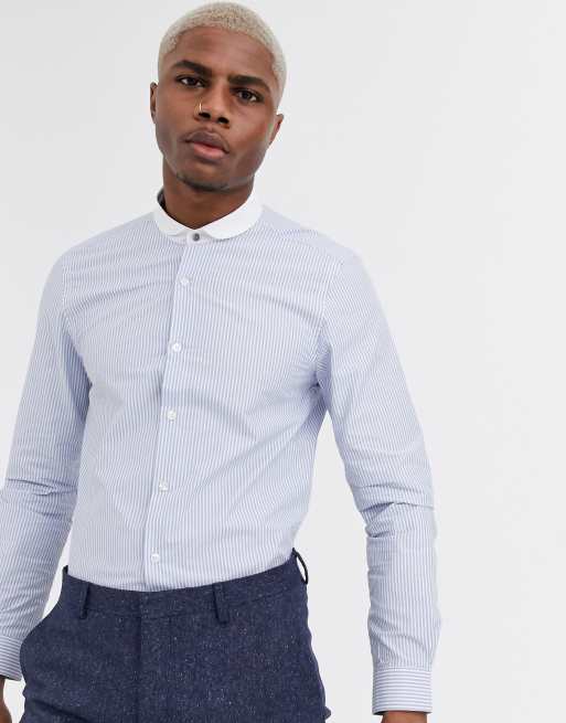 Shelby & Sons slim penny collar shirt with blue and white stripe | ASOS