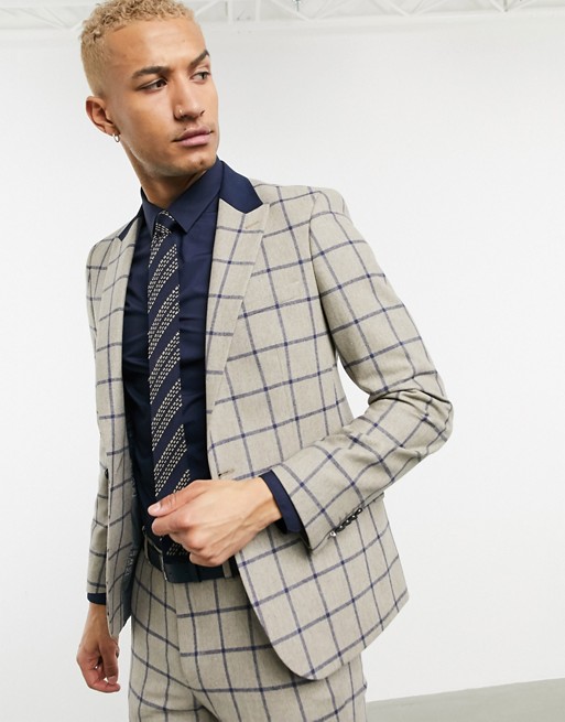 Shelby & Sons slim suit jacket in brown with navy windowpane check