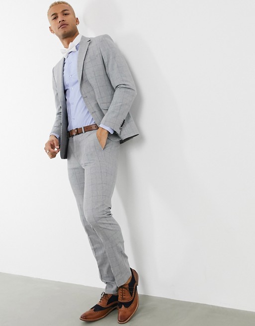 Shelby & Sons slim suit jacket in grey check with pocket chain
