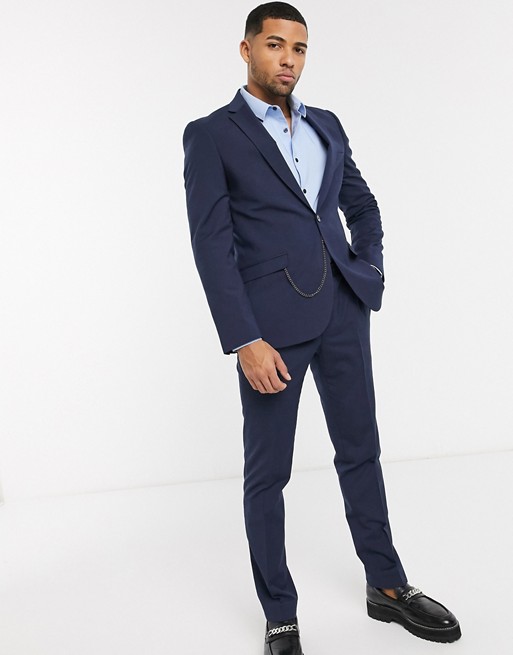 Shelby & Sons slim suit jacket in navy with pocket chain