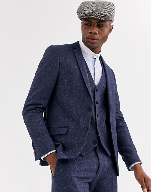 Shelby & Sons slim suit jacket with contrast collar in navy