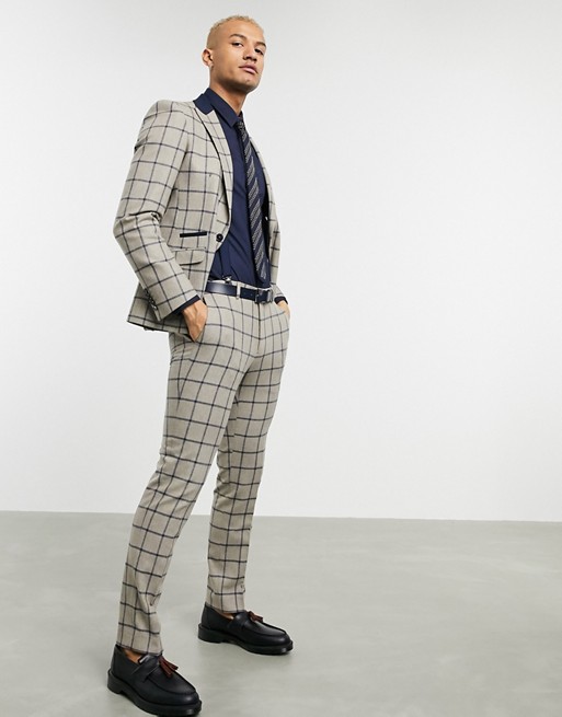 Shelby & Sons slim suit trousers in brown with navy windowpane check