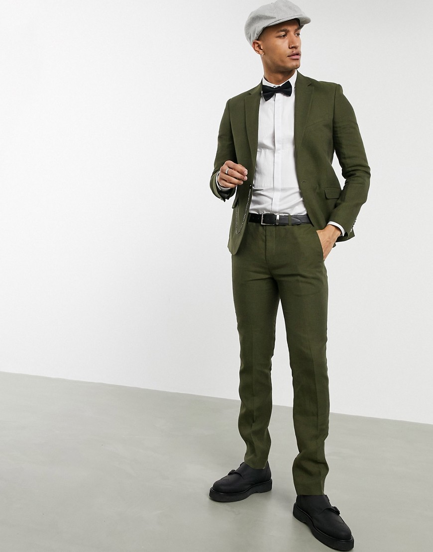 Shelby & Sons slim suit trousers in khaki linen-Green