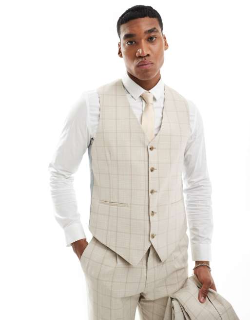 Shelby & Sons Wainwright slim suit waistcoat in stone with windowpane check
