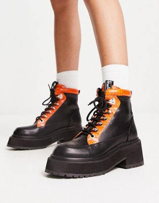 Shellys London Aster Chunky Combat Boots In Black And Orange