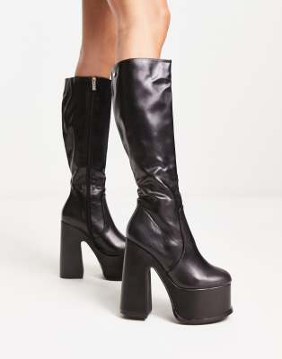 Shellys London Corrs Platform Knee Boots In Black Stretch