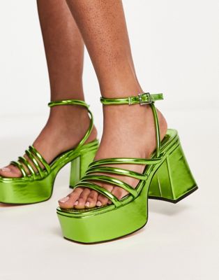 Shelly's London Regina mid heel sandals in green metallic - exclusive to ASOS  - ASOS Price Checker