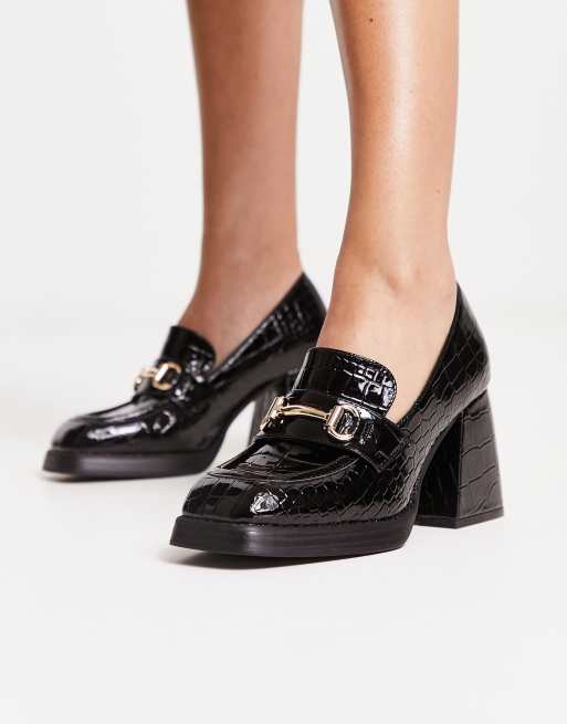 Shellys London Fountain chunky heeled loafers in black patent | ASOS