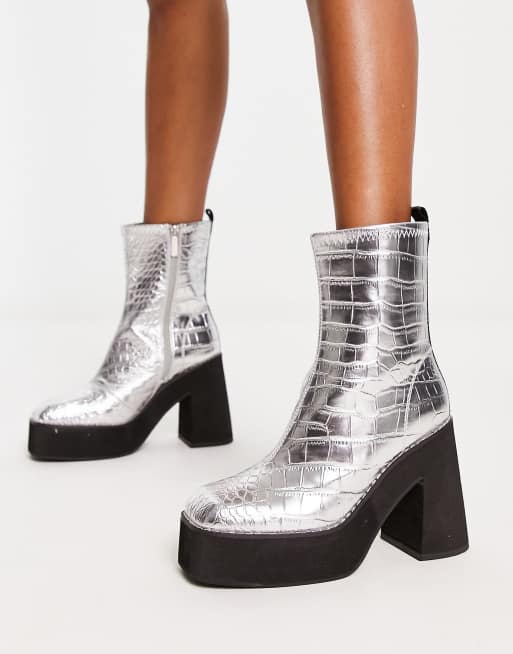 Bocadillo avión Comparación Shellys London Jupe heeled boot in silver croc | ASOS