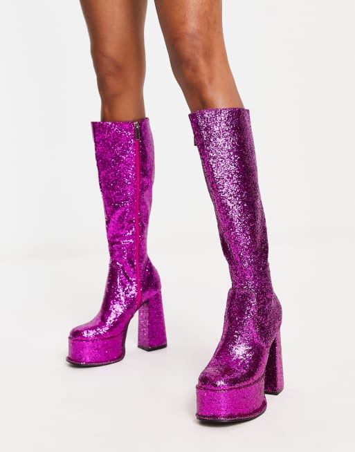 Shellys London - Kia - Knielaarzen met plateauzool in roze glitter