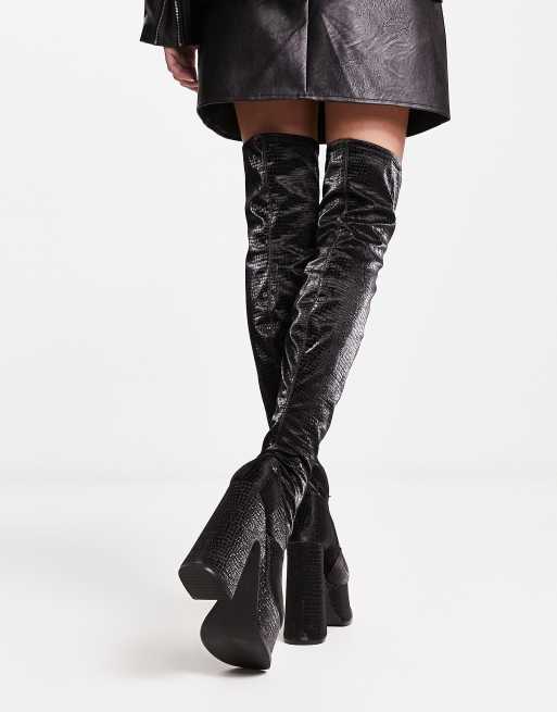 Shellys London Nola over the knee boots in black velvet snake