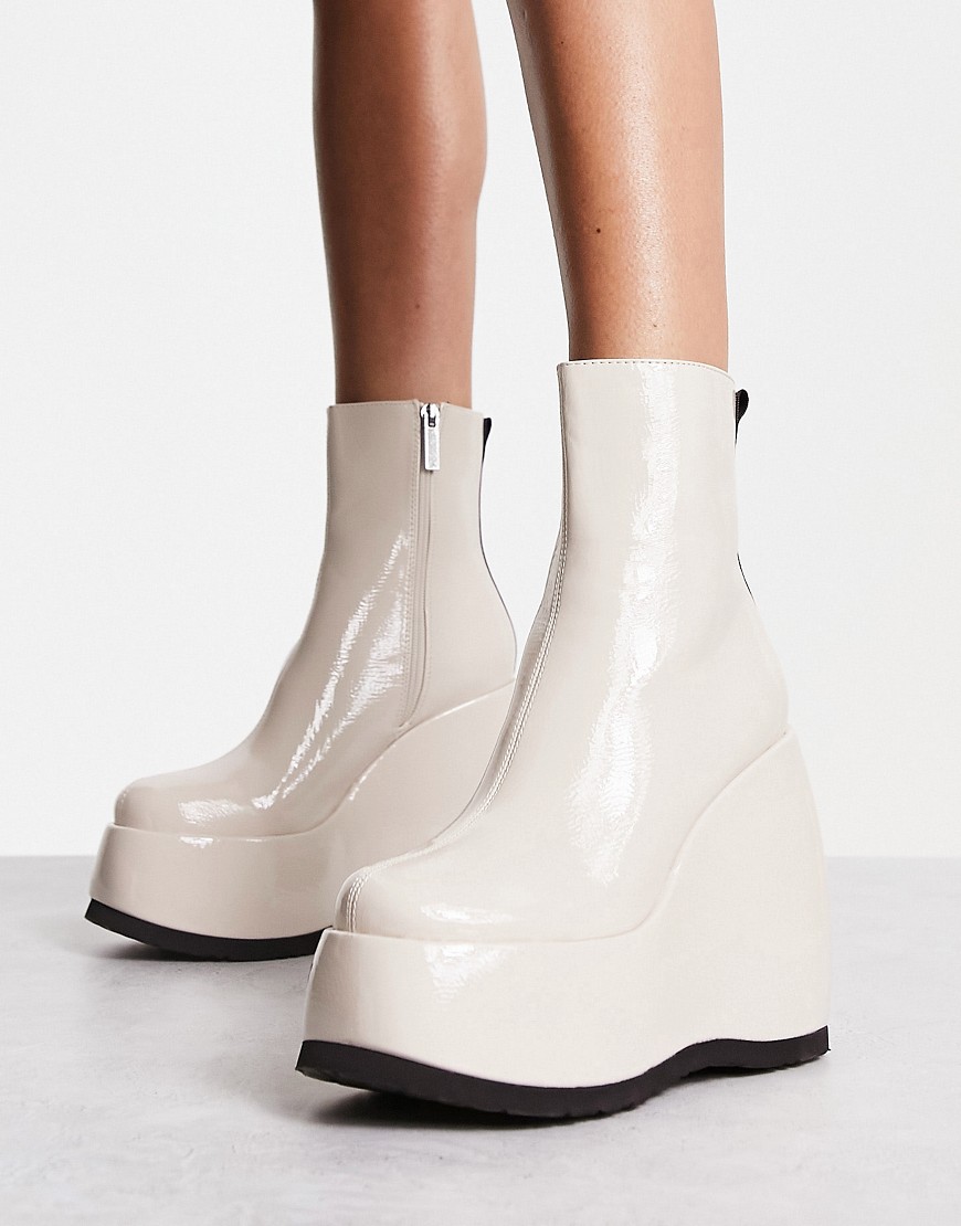Shellys London Roxanne wedge boots in cream patent-White