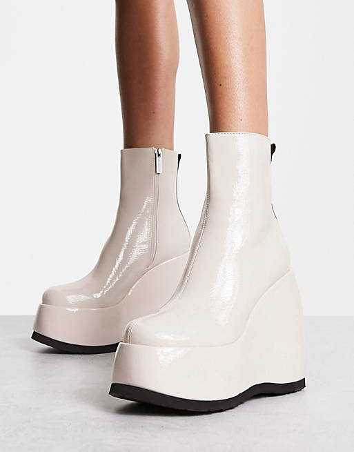 Shellys London Roxanne wedge boots in cream patent