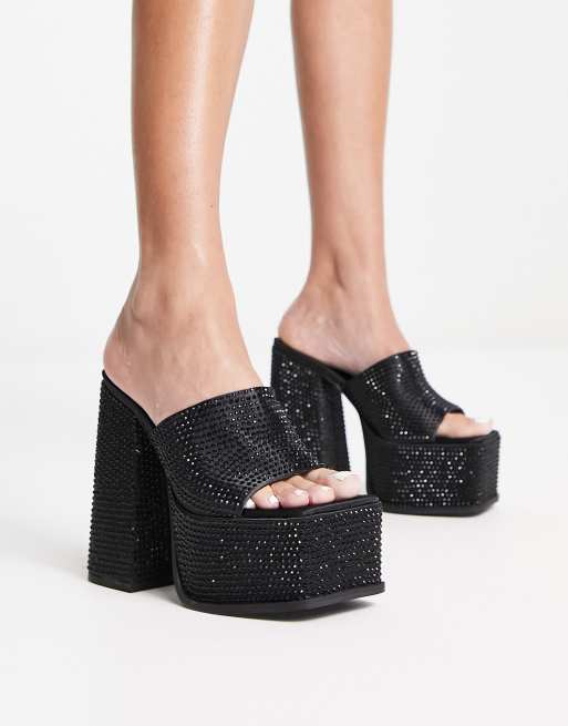 Shellys London – Sagittarius – Sandalen mit Plateauabsatz in schimmerndem Schwarz