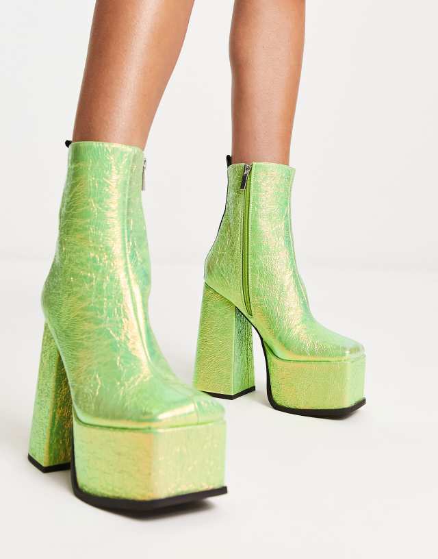 Shellys London Scorpio platform boots in green shimmer