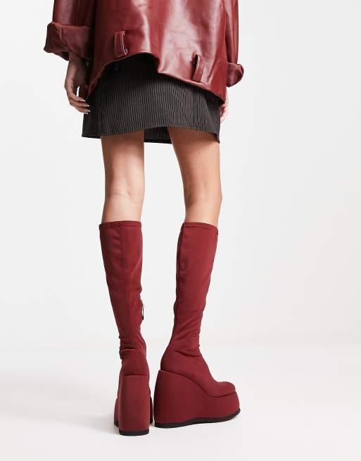 Shellys London wedge knee boots in red stretch scuba