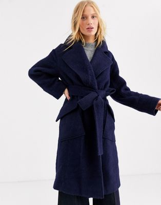 фото Шерстяное пальто с поясом asos white-темно-синий