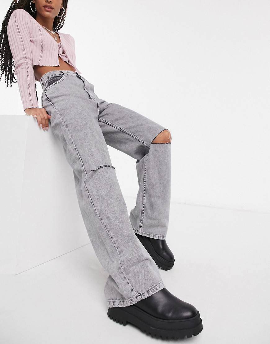 Широкие серые джинсы с рваными коленями в стиле 90-х Bershka-Серый